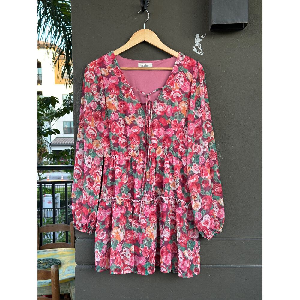 Peach Love California Feminine Chic Pink Floral Long Sleeve Mini Dress Medium